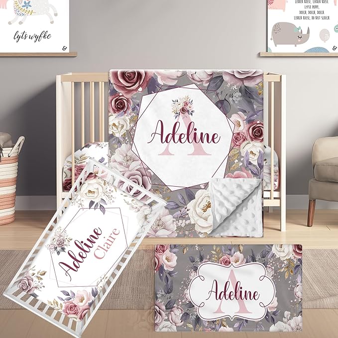Custom Name Crib Bedding Set, 3 Pcs Personalized Baby Crib Bedding Set, Soft Rose Nursery Crib Sets for Boys Girls, Double Layer Toddler Bedding Set Customized Gifts for Newborn Kids