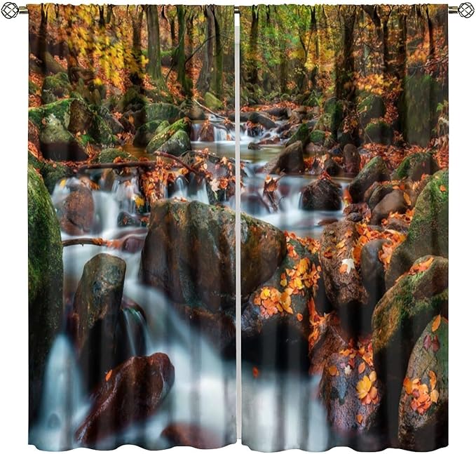 Autumn Waterfall Blackout Windows Curtains, Nature Autumn Forest Farmhouse Window Drapes, for Living Room Bedroom 63" W X 63" L
