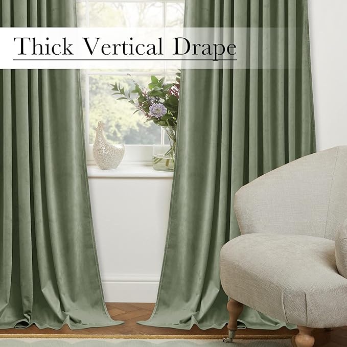 StangH 90 inch Length Sage Green Velvet Curtains Heavy Thick Privacy Room Dividers, Room Darkening Thermal Insulated Panels for Bedroom Dining Room, W62 x L90, 2 Panels