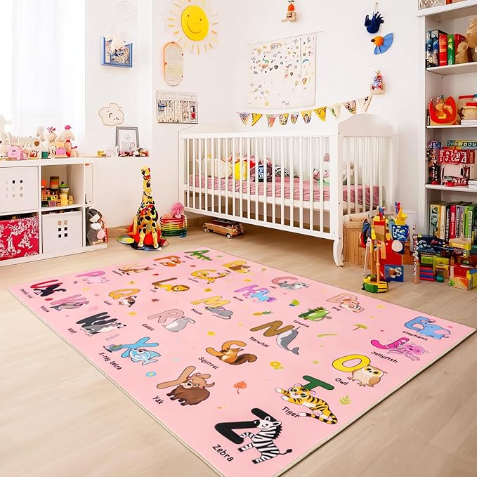 Kids Rugs for Playroom, 3x4 Feet Educational Rug for Learn The ABC Alphabet, Soft Machine Washable Non-Slip Cute Cartoon Animals Carpet for Classroom Toddler Nursery Kids Room Decor, Pink