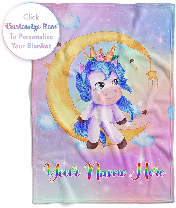 Personalized Unicorn Blanket for Girls | Kids Rainbow Unicorn | Custom Plush Fuzzy Unicorns for Toddler | Customized Little Girl Throw Blankets | Girl Sofa Bed Birthday | Sherpa 50x60