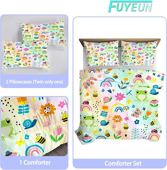 Rainbow Comforter Sets Full Size Cartoon Frogs Bedding Sets for Girls Kids Teens Boys Flowers Butterfly Bees Snails Insects Cute Kawaii Quilt 1 Comforter + 2 Pillow Cases