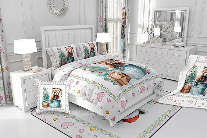 Feelyou Christmas Duvet Cover Set Xmas Tree Bedding Set for Kids Boys Girls Red Panda Love Print Comforter Cover Cute Animal Quilt Cover Room 2Pcs Twin Size,Zipper,No Comforter