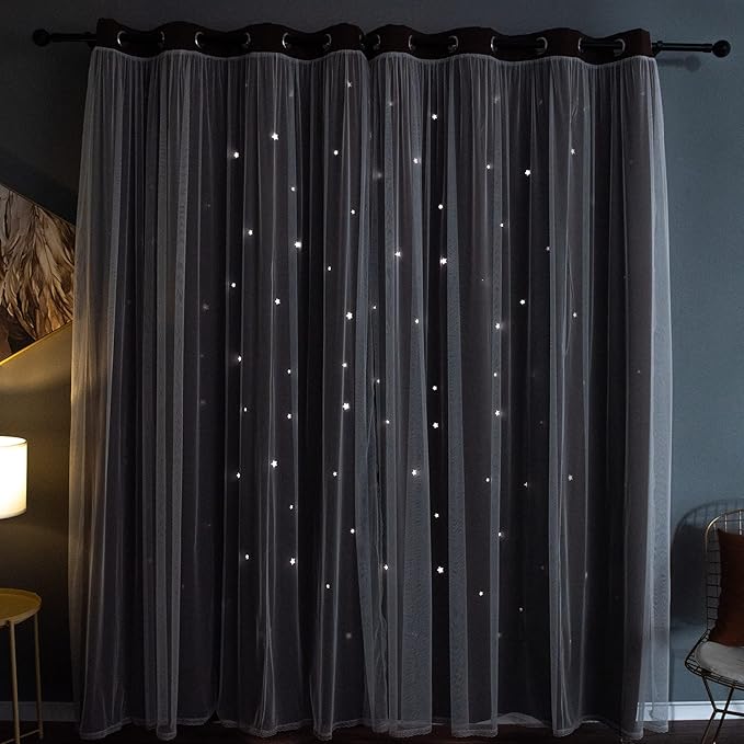 Kinryb Star Cutout Blackout Curtains Double Layer Curtains with Durable Sheer Curtains for Bedroom Thermal Insulated Window Treatment Set with 2 Free Tiebacks (52W x 72L 2 Panels Chocolate)