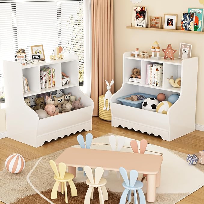 Kids Bookshelf, Toddler Toy Storage Organizer, Wooden 4 Cubby Children Book Shelf for Playroom, Bedroom, Nursery, Classroom