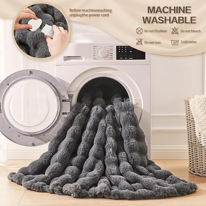 Heated Blanket Electric Throw, 50" X 60" Heated Blanket with 10 Heat Levels 8 Hours Auto Off, Faux Rabbit Fur Bubble Electric Blanket