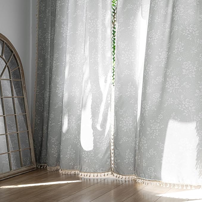 ENJOYBRIDAL Floral Curtains 63 Inch Long Grey Light Filtering Drapes Rod Pocket Bedroom Living Room Short Window Curtains 2 Panel Sets Semi Sheer Farmhouse Boho Cute Window Treatments