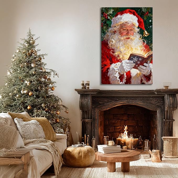 YONICA Christmas Canvas Wall Art Reading Santa 24x36 Inch Oil Painting with Glowing Book and Holly - Large Framed Gallery Wrapped Library Decor