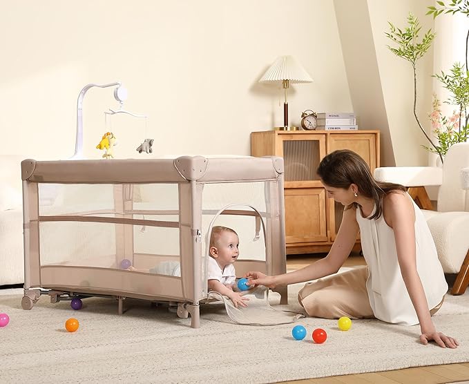 Pack and Play, 5 in 1 Baby Playard – Portable Crib, Bassinet, Bedside Sleeper, Changing Table & Playpen | Breathable Mesh | Safe & Foldable for Newborns to Toddlers (Beige)