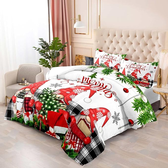 LUVIVIHOME 2PCS Christmas Comforter Set Twin Size, Funny Cute Gnome Bedding, Black & White Plaid Snowflake Xmas Merry Christmas Bedroom Decor for Kids Girls Boys Teens White Quilt, 1 Pillow Case