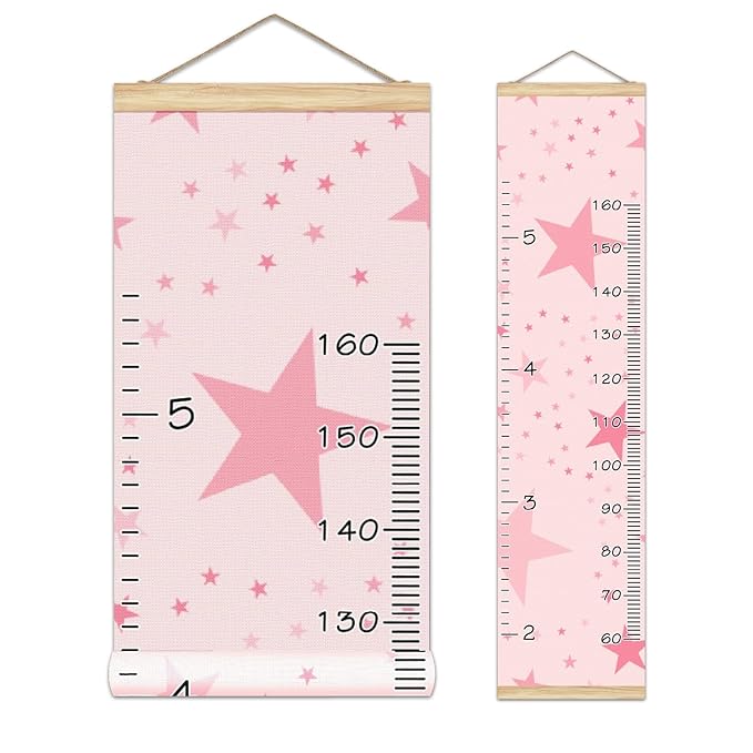 Personalized Kids Name Growth Chart Ruler for Wall Wood Frame Height Measure Chart 13.4x56 in Linen Hanging Height Growth Chart Pink Stars Kids Room Decor