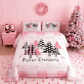 Manfei Merry Christmas Comforter Set Queen Size, Pink Plaid Xmas Trees Bedding Set 3pcs, New Year Cartoon Down Comforter for All Season, Kids Girls Santa Claus Bedroom Decor, 2 Pillowcases, No Sheets