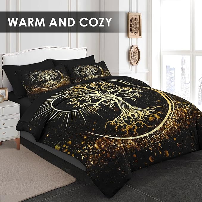 5 Pcs Twin Size Comforter Set with Pillowcase & Sham, Black Sun and Moon Bedding for Kids and Adults, Nature Tree of Life Bed in a Bag with Flat Fitted Sheet