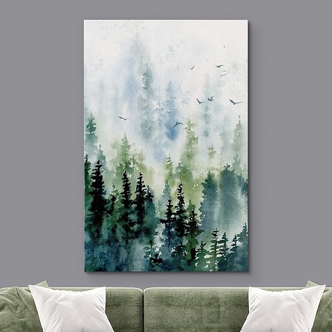 SIGNWIN Canvas Print Wall Art Woodland Nursery Decor Watercolor Pastel Pine Tree Bird Sky Nature Illustrations Modern Art Decorative Landscape Colorful for Living Room, Bedroom, Office - 32"x48"