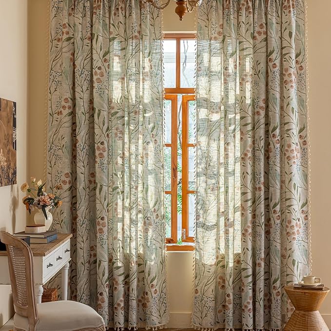 ENJOYBRIDAL Floral Curtains 63 Inch Long Bedroom Decor Drapes Short Semi Sheer Rod Pocket Living Room Window Curtain Panels Light Filtering Boho 2 Panels Tassel Vintage Window Treatments