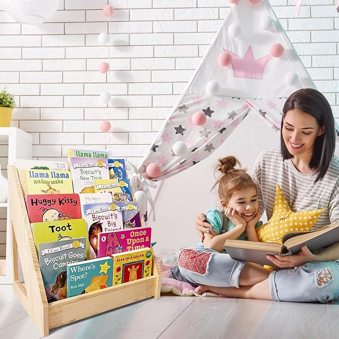 TONGMO 5-Tier Montessori Bookshelf - Front Facing Kids Bookshelf with Back Storage, Perfect for Toddler, Children's Room, and Reading Nook (Natural)