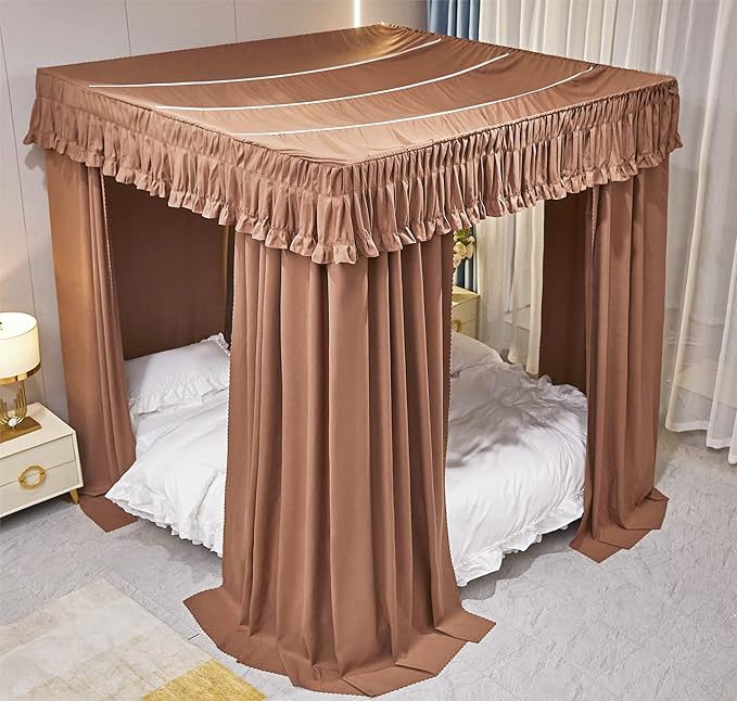 VETHIN Elastic Roof Style Four Corner Post Princess Bed Canopy Curtains Cozy Breathable Tent Canopy Mosquito Net for Girls & Adults Bedroom Decoration (Brown, 59-64" W*82" L*82"*H/(Queen))