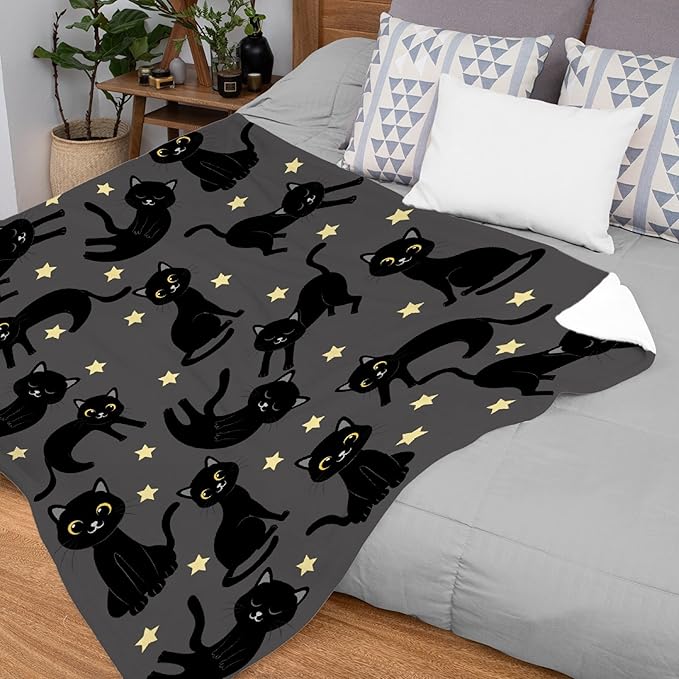Thuswarm Cats and Stars in The Dark Flannel Throw Blanket Warm Cozy Soft Funny Print Blankets for Bed Couch Sofa Room Decoration Gifts 120”×90” Extra Large for Family