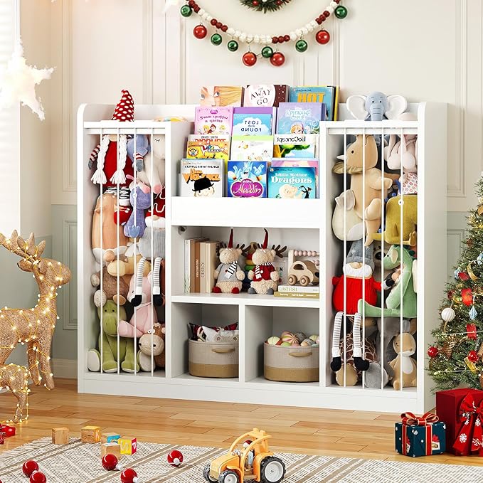 ONBRILL Two Wooden Stuffed Animal Storage, Toddler Toy Storage Organizer with 4-Tier Kids Bookshelf and 3 Open Cube Shlef, Multifunctional Bookcase for Kids Rooms Playroom Nursery (White)