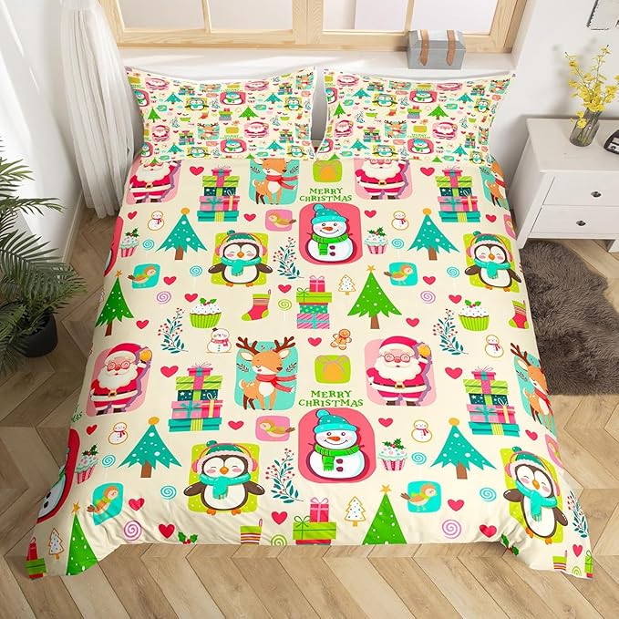 Christmas Comforter Cover Cartoon Santa Claus Snowman Flower Bedding Set Cute Penguin Deer Duvet Cover for Children Boys Girls Microfiber Gift Boxes Bedspread Cover Room Decor Bedclothes Queen Size