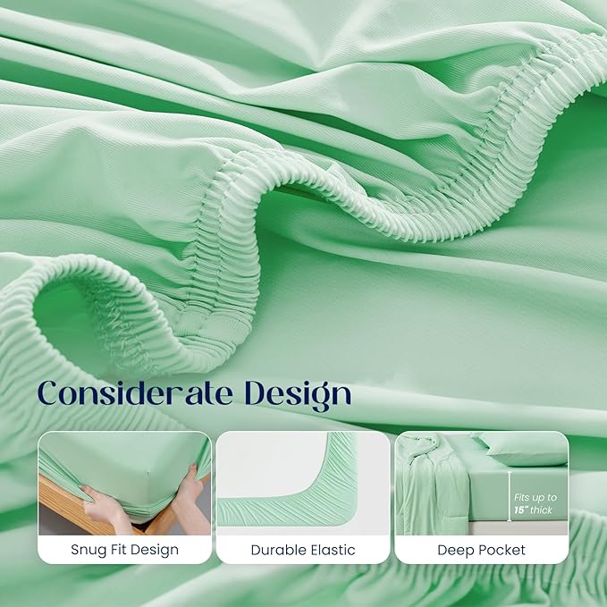 Dream Valley® Queen Sheet Set, Cooling Fitted Sheet with 2 Pillowcase-3 PCS with No Flat Sheet,Q-Max > 0.4 Aerocool, Cooling for Night Sweats, Hot Sleepers,deep Pocket up to 15",Mint Macaron