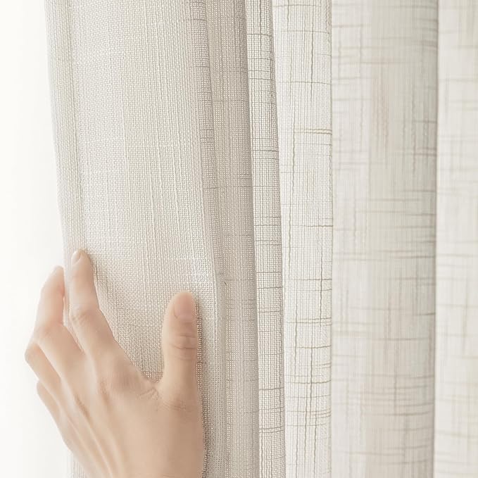 FMFUNCTEX Linen Semi Sheer Curtains 108 Inches Extra Long for Bedroom Living Room, Beige Curtain Panels Sheer Linen Textured Window Drapes Farmhouse Light Filtering Natural 2 Panels Rod Pocket