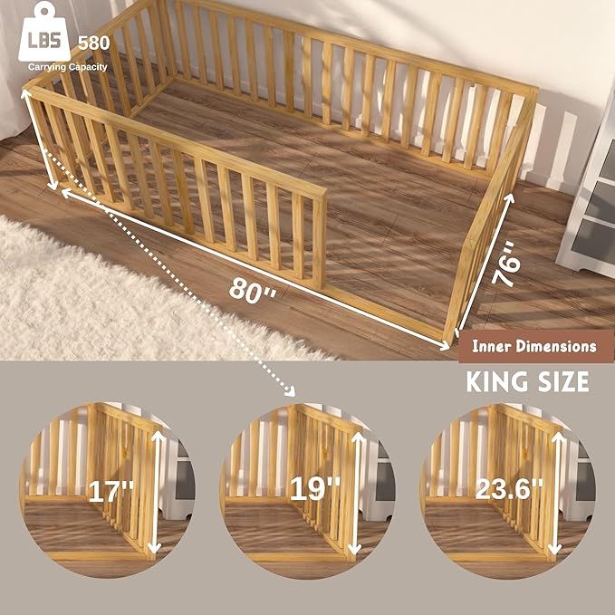 Montessori Floor Bed for Kids | Toodlers Floor Bed with Safety Guardrails | Pine Wood Baby Bed | Sturdy Wood Frame Bed for Girls and Boys (King, Height : 17 Inches)