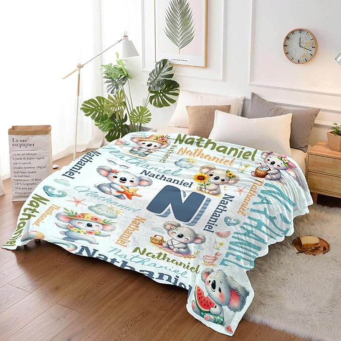 Personalized Custom Koala Blanket Gifts for Kids Boys Girls with Name - Customized Koala Super Soft Lightweight Flannel Sheets Decor for Crib Nap Couch - 50"x60" for Teens