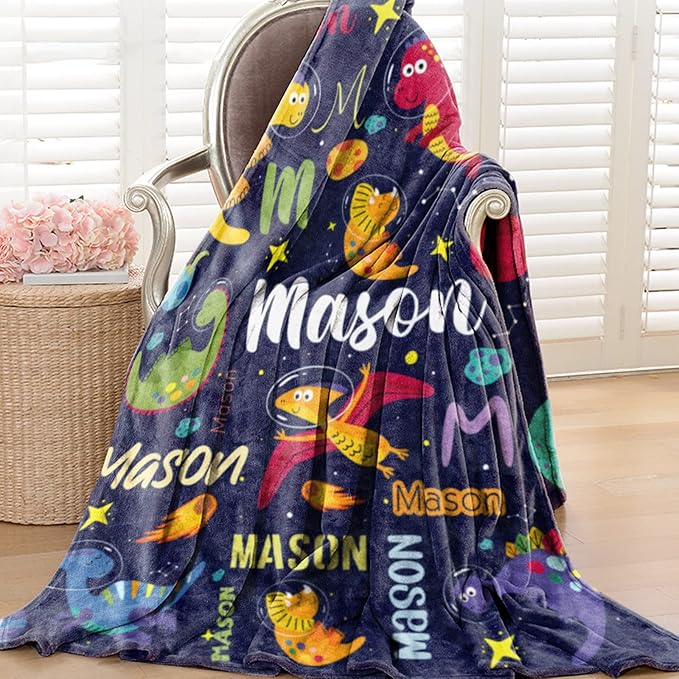 Custom Dinosaur Blanket for Boys, Personalized Name Blanket for Kids Dino Outspace, Soft Flannel Dinosaur Customized Gift for Birthday Christmas Baby Shower Children Day 40"x50"
