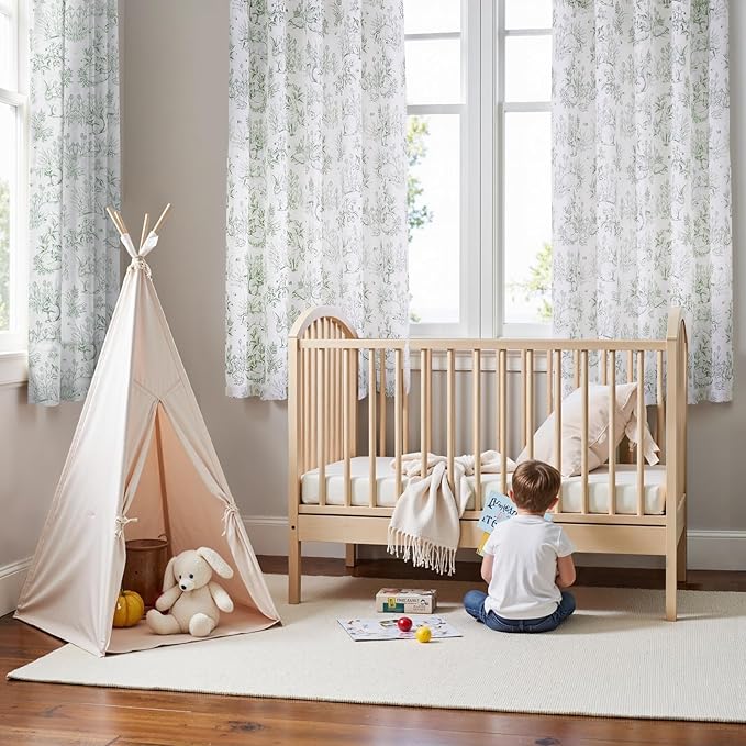 jinchan Linen Nursery Curtains 63 inch Long Woodland Wildlife Sage Green Print Drapes for Kid's Room Light Filtering French Country Farmhouse Curtains with Bunny and Forest Design Set of 2 Panels
