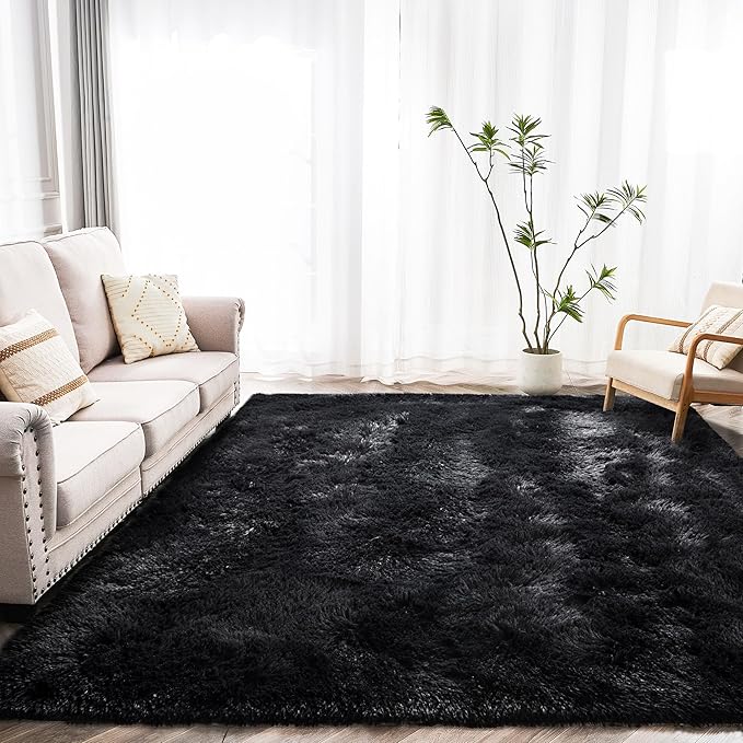 Fluffy Rug for Living Room 8x10 Feet, Black Area Rugs for Bedroom Non Slip 8x10 Clearance Rug for Kids Playroom