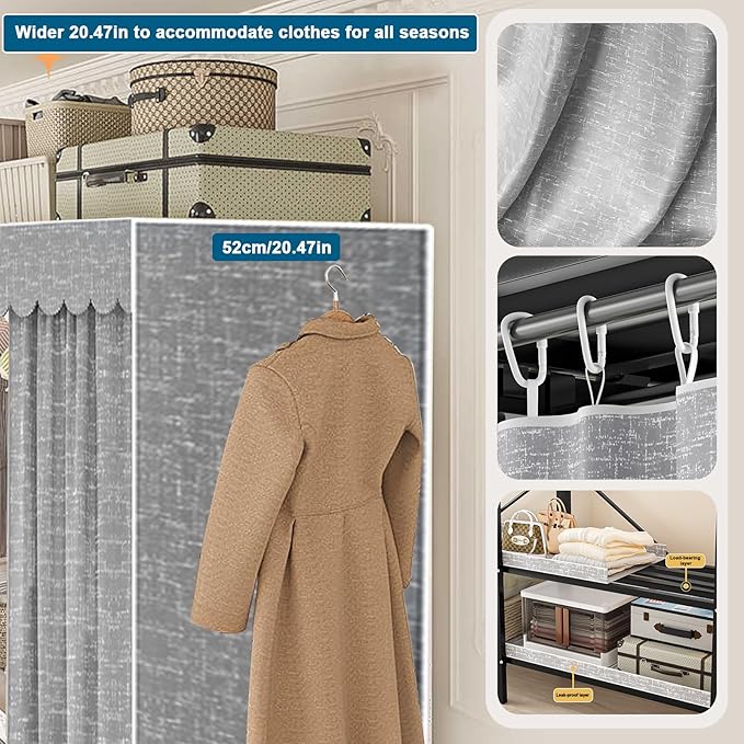 FPIGSHS Heavy Duty Clothes Rack with Cover Foldable Covered Clothes Rack for Hanging Clothes portable Wardrobe Closet System Freestanding Coat Storage Garment Racks for bedroom (grey, 66.1in)