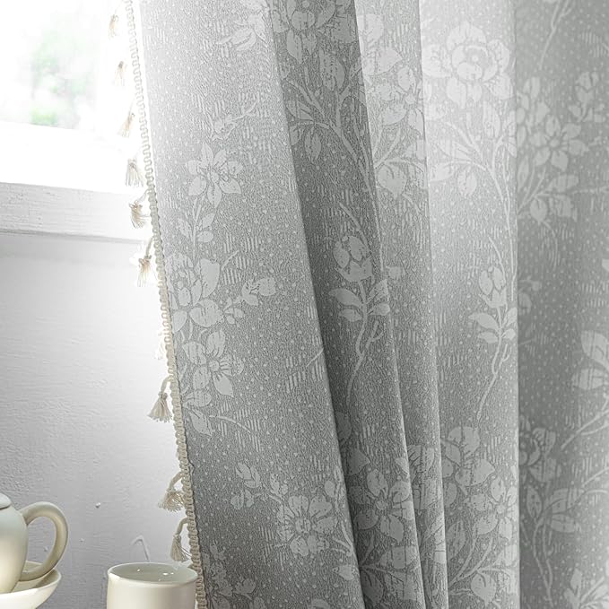 ENJOYBRIDAL Floral Curtains 84 Inch Long Grey Light Filtering Drapes Rod Pocket Bedroom Living Room Semi Sheer Window Curtains 2 Panel Sets Floor Length Farmhouse Boho Cute Window Treatments