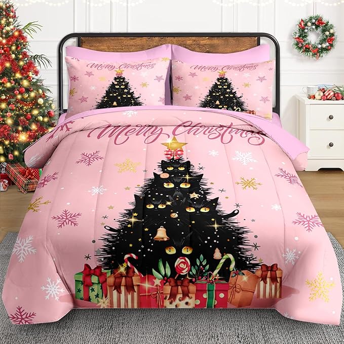 7 Pcs King Size Christmas Comforter Set with 2 Pillowcases & 2 Shams, Black Cat Xmas Trees Bedding for Kids and Adults, Pink Snowflakes Bed in a Bag with Flat Fitted Sheet
