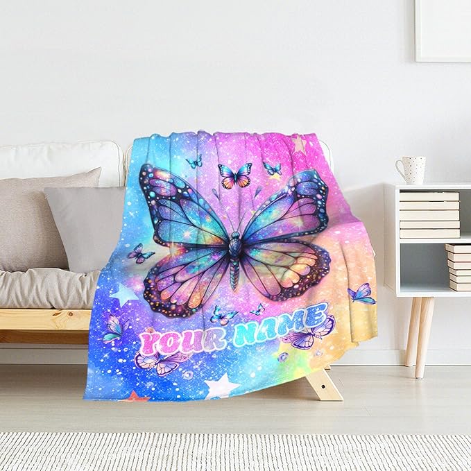 Personalized Butterfly Blanket for Girls - 30 x 40 Inches Soft Flannel Throw for Butterfly Lover - Kids Throw Blankets for Chair, Office