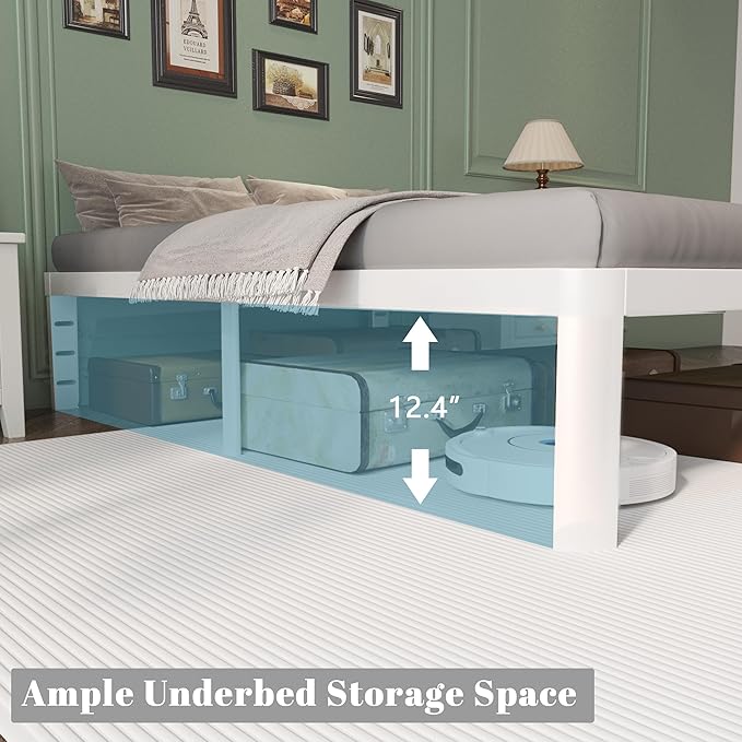14 Inch Twin Bed Frames with Metal Gaskets, White Bed Frame Twin Size No Box Spring Needed, Heavy Duty Steel Platform Supprt, Rounded Corner Legs, Reserved Holes, Noise Free, Storage Space