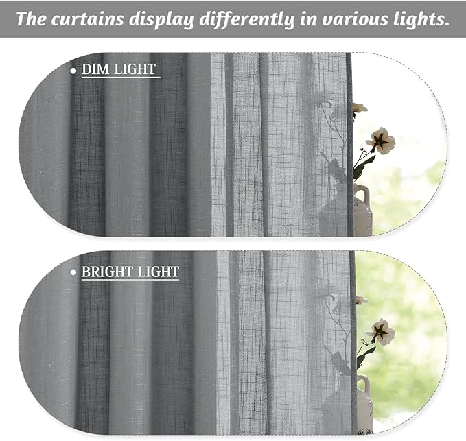 RYB HOME Grey Sheer Curtains - Linen Textured Semi Sheer Privacy Protect Light Glare Filtering Window Curtains for Bedroom Living Room, W 52 x L 84 inches, 1 Pair, Gray