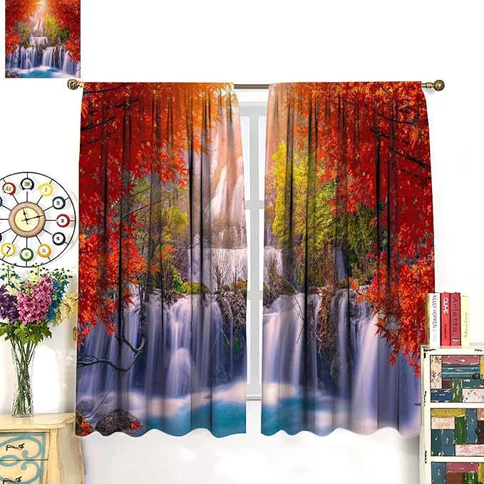 Forest Waterfall Blackout Windows Curtains, Autumn Red Green Maple Leaves Jungle Rainforest Natural Scenery Landscape Curtains, for Living Room Bedroom 72x63in 2 Panels