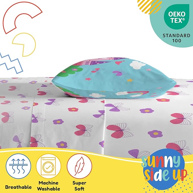 Sunny Side Up Magic Castle Twin Sheet Set - 3 Piece Kids Bedding Set Includes Pillow Cover – Super Soft Floral Butterfly Microfiber Sheets