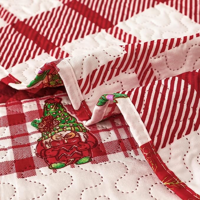 Christmas Quilt Set Queen Size Bedding - Red Plaid Xmas Bedspread With Gnome Decor, Holiday Lightweight Reversible Quilt