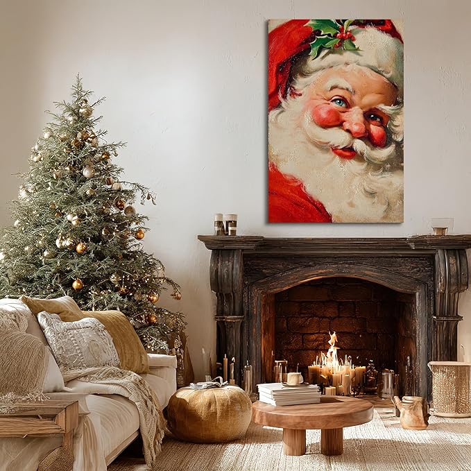 YONICA Christmas Canvas Wall Art Classic Santa 24x36 Inch Traditional Oil Painting Portrait - Large Framed Gallery Wrapped Living Room Art