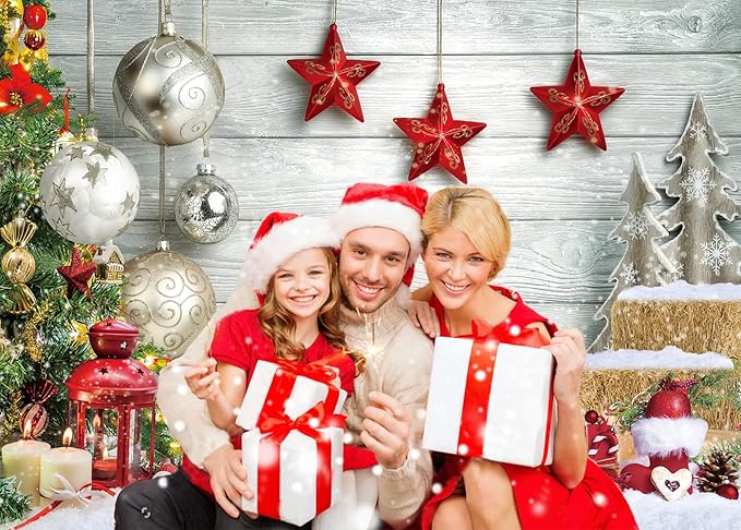CYLYH 7X5FT Christmas Backdrop White Wood Floor Photography Backdrop Winter Snow Christmas Balls Xmas Tree Gift Family Party Photo Background New Year Party Banner Backdrop