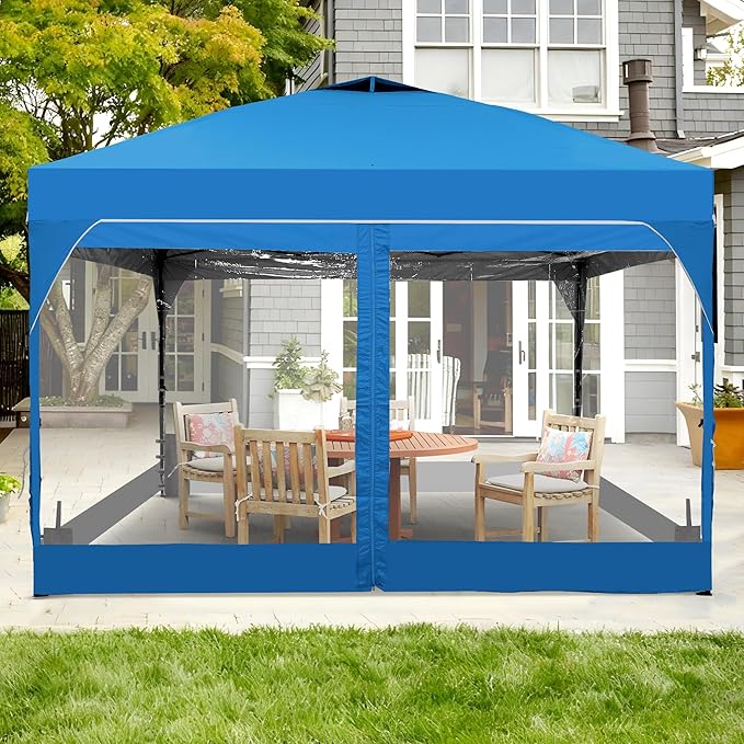 GDY 12x12FT Pop Up Canopy Tent with One Push Setup, Easy Setup Gazebo with 4 PVC Transparent Sidewalls for Events, Parties, Camping, Blue.