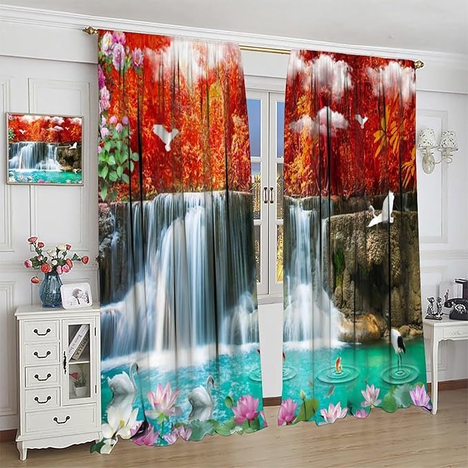 Nature Blackout Curtains, Waterfall Landscape Forest River Crane Fish Floral Pattern Rod Pocket Window Drapes, for Bedroom Living Room 42" W X 54" L