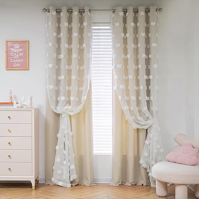MYSKY HOME Kids Curtains for Girls Bedroom Double Layer Curtain for Daughter Room 72 Inches Long Pom Pom Sheer Drapes Beige Curtains for Living Room Grommet Room Darkening Panels W52 X L72
