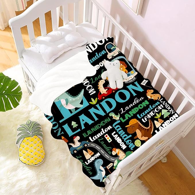 Personalized Dinosaur Preschool Blanket for Toddler Kids Boys with Name - Super Soft Lightweight Customized Dino Truck Baby Crib Fleece Sheets Decor for Couch Girls - Custom Dinosaur Gifts - 30" X 40"