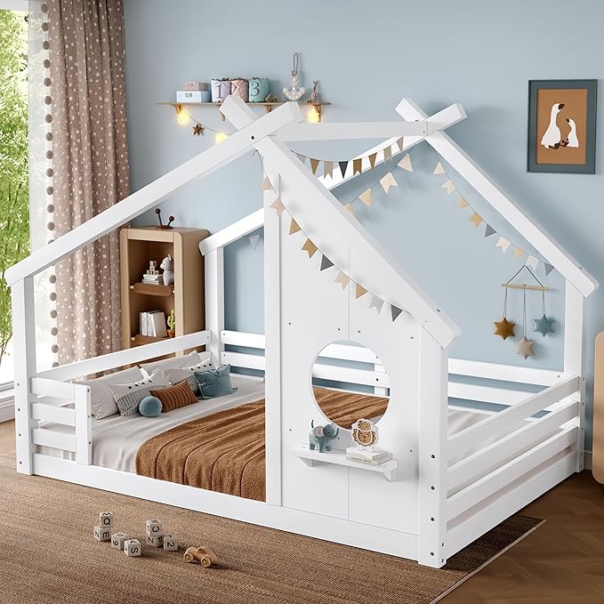 SOFTSEA Full Size House Bed Frame with Roof, Kids Floor House Bed with Window and Storage Shelf for Boys Girls, Wood Montessori Bed with Roof and Guardrails, White