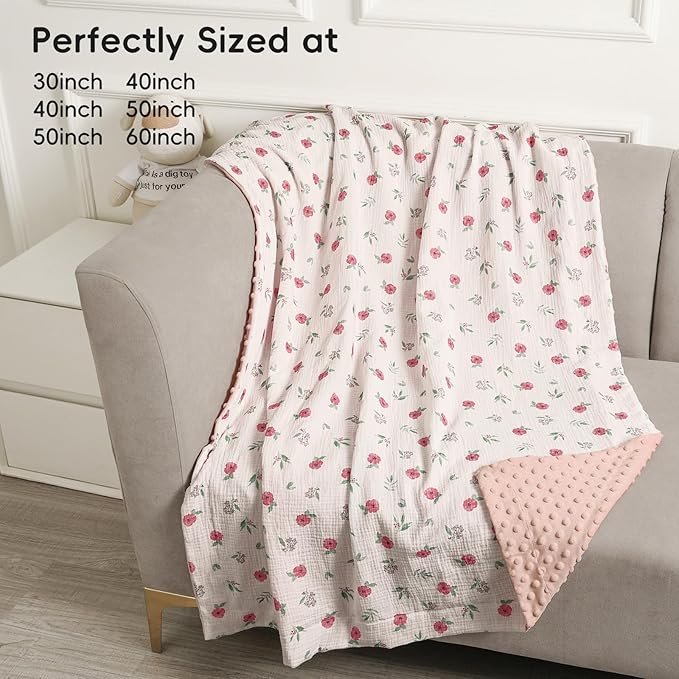 david's kids Muslin Minky Baby Blanket for Girls with Muslin Cotton Front and Dotted Fleece Backing, Breathable and Soft Lightweight Receiving Blanket for Newborns, 30x40 Inches, Pink Floral
