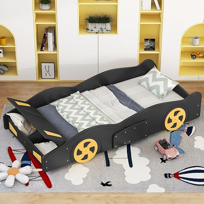 Harper & Bright Designs Twin Size Race Car-Shaped Platform Bed with Wheels and Storage, Black+Yellow