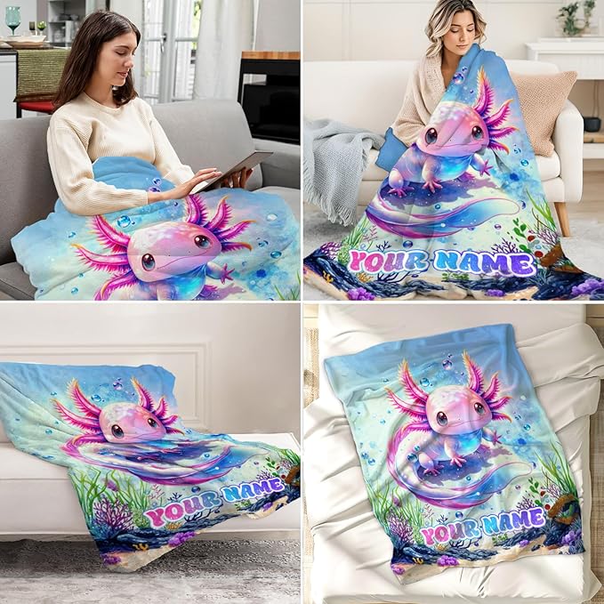 Custom Kids Blankets for Girls - 30 x 40 Inches Lap Size Axolotl Blanket for Girls - Blue Kids Throw Blankets for Crib, Office